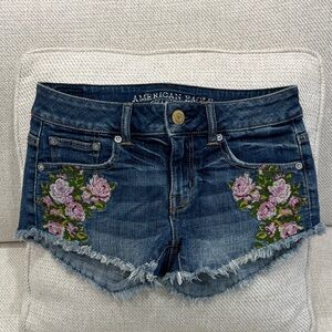American Eagle Denim Shorts with Floral Embroidery, Size 0